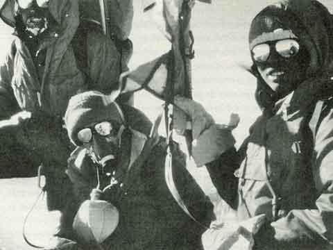 
Chewang, Irene Beardsley Miller, and Minga on Annapurna summit October 15 1978. Vera Komarkova is reflected in Mingma's sunglasses - Annapurna: A Woman's Place book
